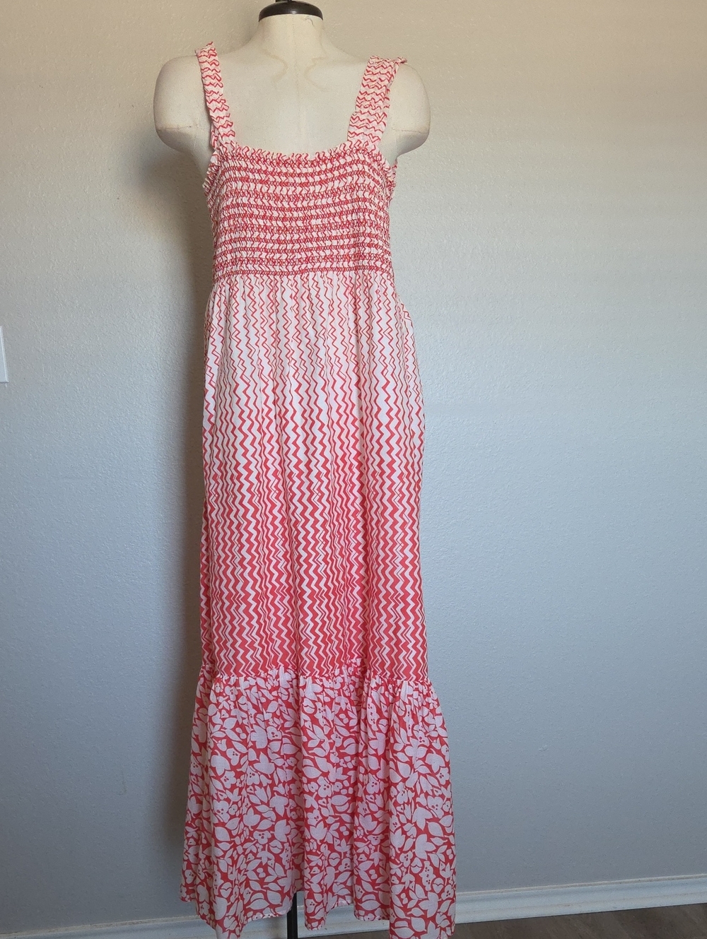 Elle Smocked Tank Maxi Dress in Coral Zigzag